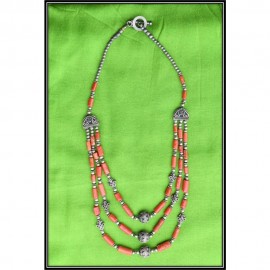 3 Liner Coral With Silver Beads Stone Necklase 